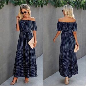 Boho Navy Blue polka dot off shoulder ruffle dress